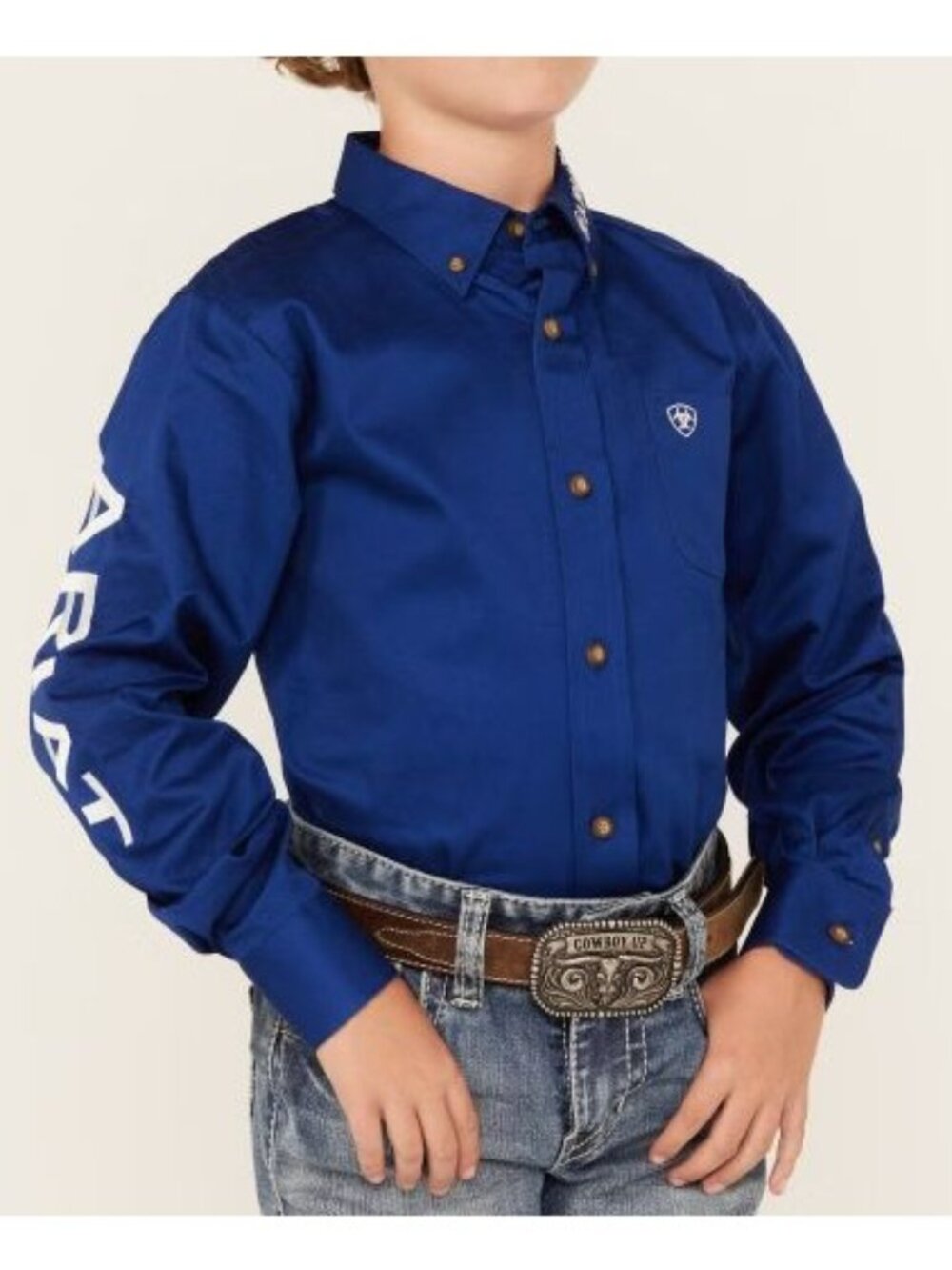 Ariat Solid Twill Team Logo Size Large 14/16 Boys Long Sleeve Western Shirt Blue